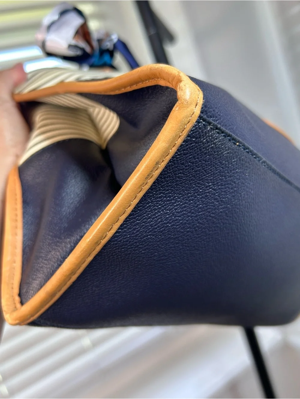 Tory Burch Ella Viva Leather Tote in the distinctive Navy Stripes & Shine design
